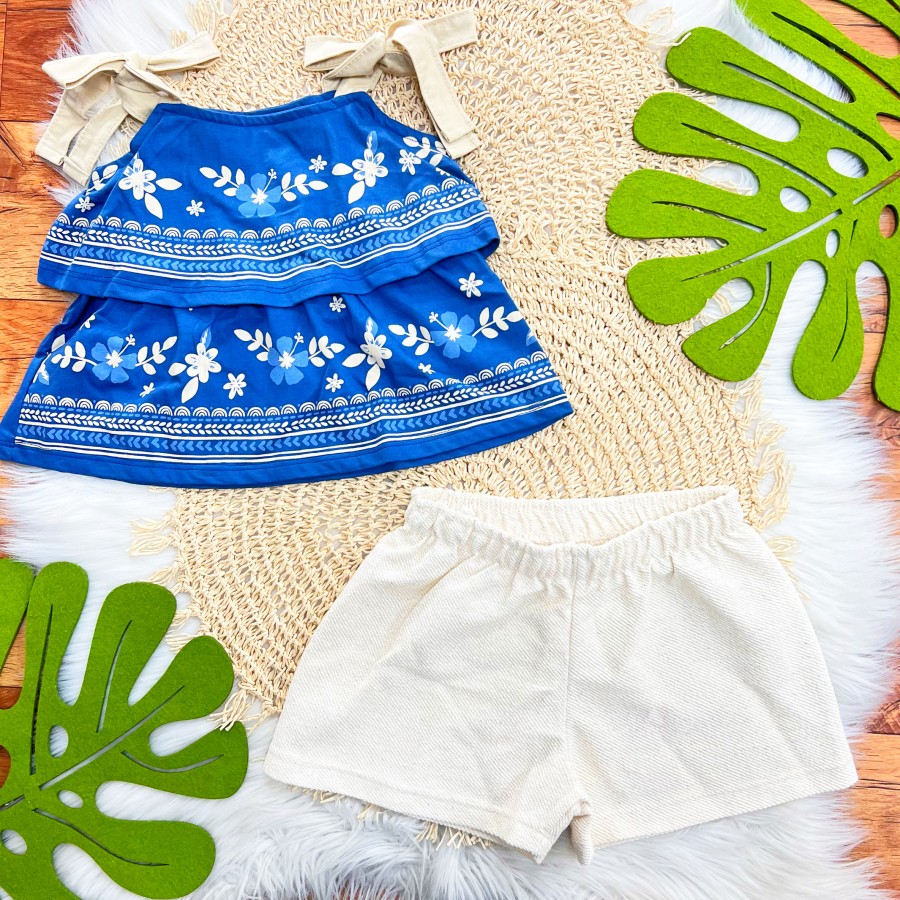  Conj. Bata Floral e Short em Linho - Azul Jeans e Areia